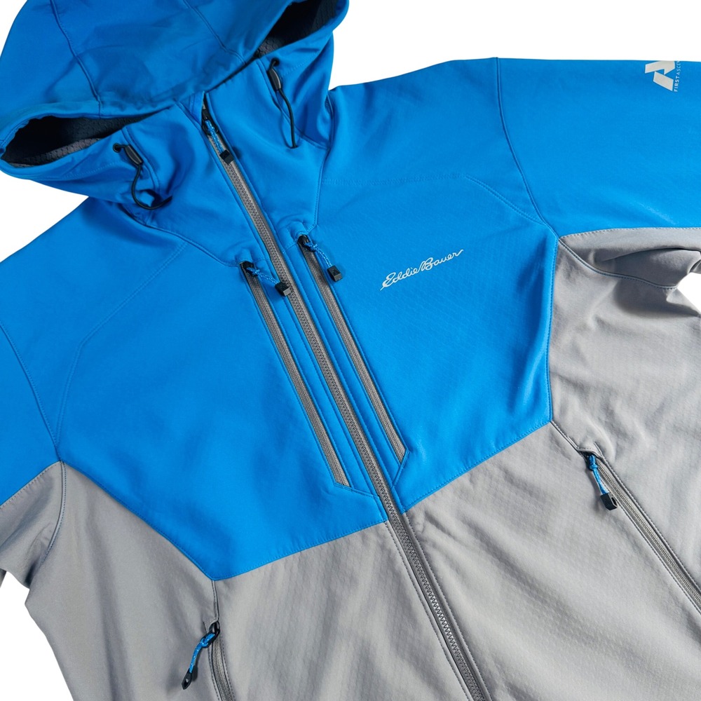 Eddie Bauer First Ascent Sandstone Softshell Jacket Mens M Blue‎ Grey Hooded